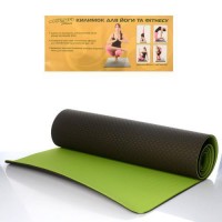 Килимок для фітнесу, йогамат (MS 0613-1-BG) TPE 183-61 см. Чорно-салатовий 6 мм