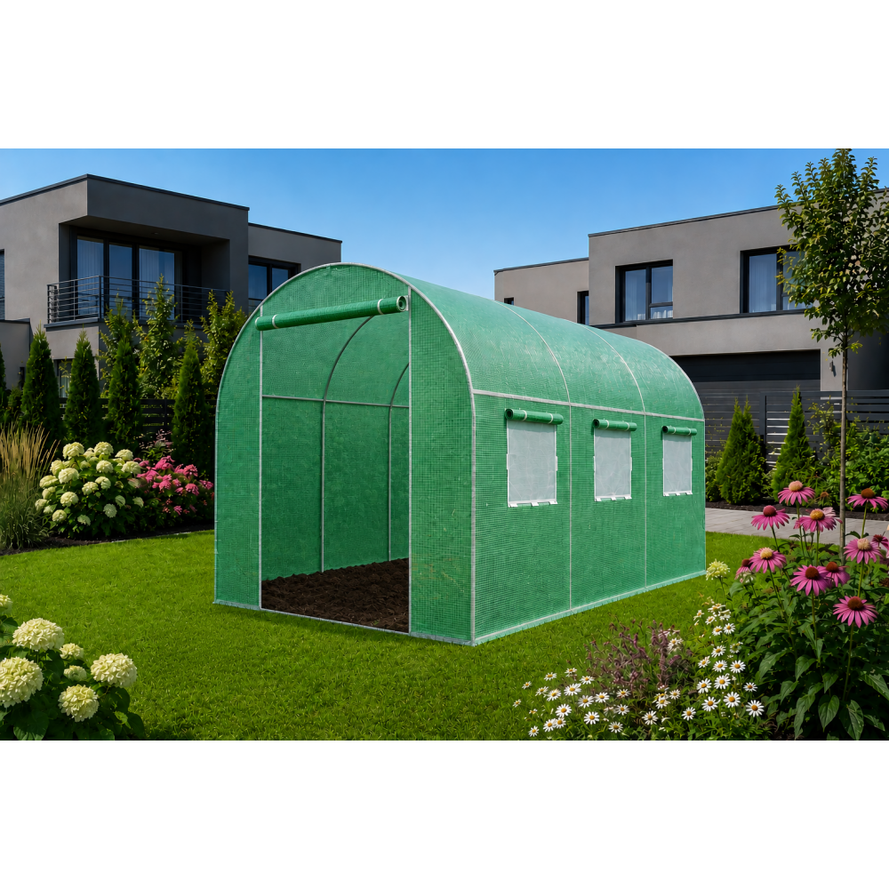 Теплица садовая Primaveo 7 м2 (3,5 × 2 × 2 м) 6 окон, армированная пленка UV-4, оцинкованный каркас 19 мм (Зеленая)