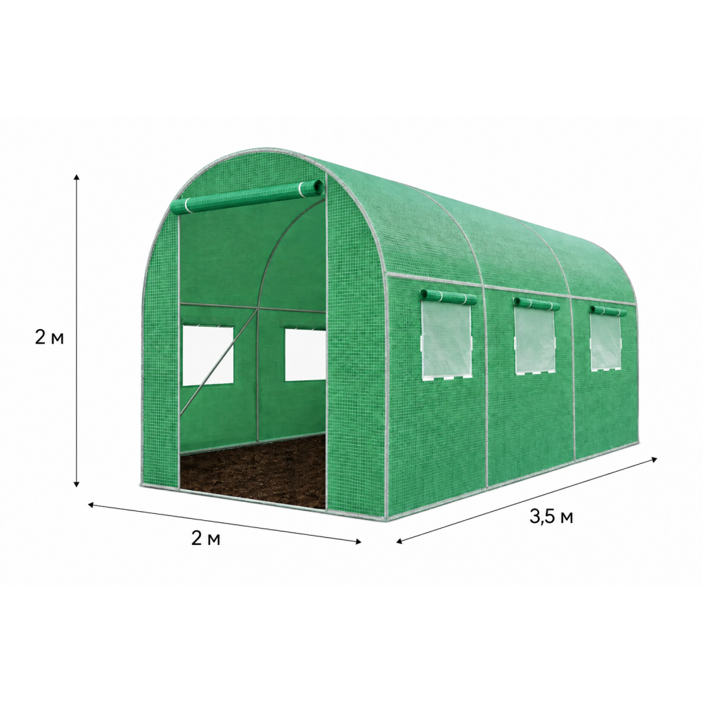 Теплица садовая Primaveo 7 м2 (3,5 × 2 × 2 м) 6 окон, армированная пленка UV-4, оцинкованный каркас 19 мм (Зеленая)