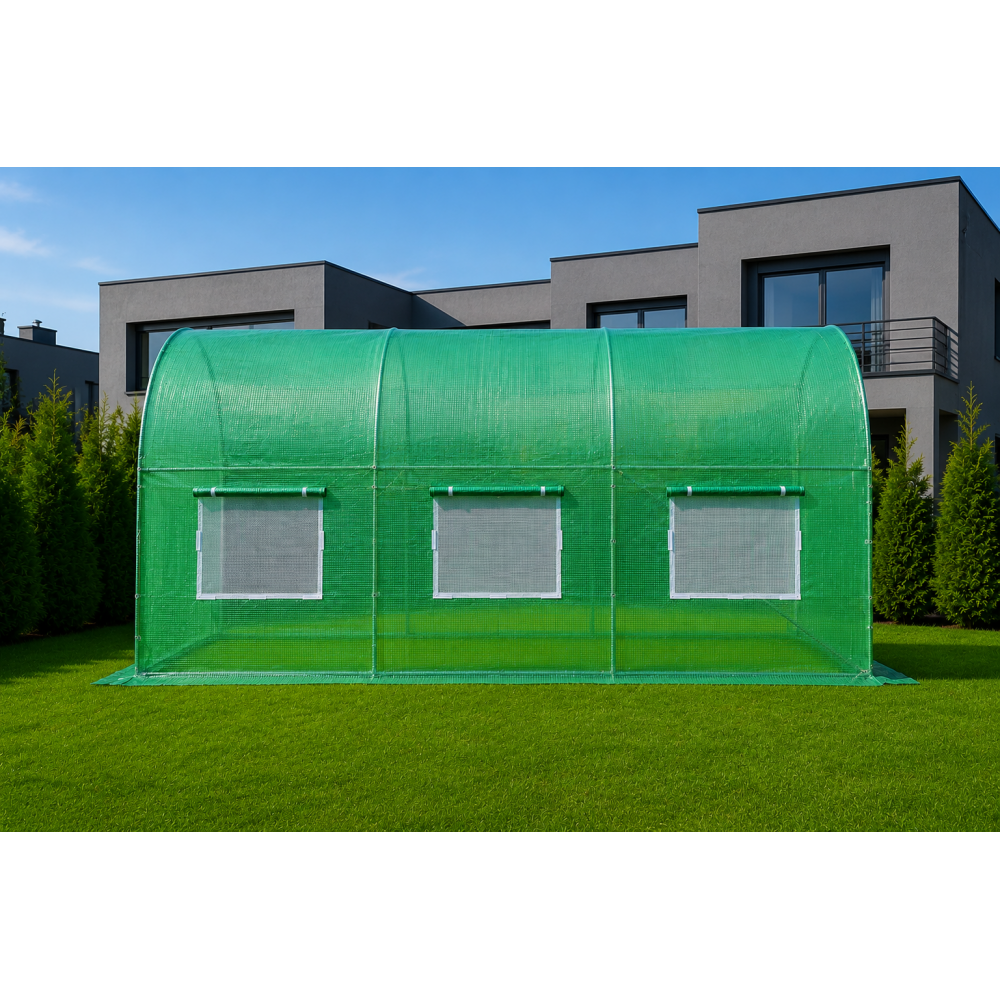 Теплица садовая Primaveo 7 м2 (3,5 × 2 × 2 м) 6 окон, армированная пленка UV-4, оцинкованный каркас 19 мм (Зеленая)
