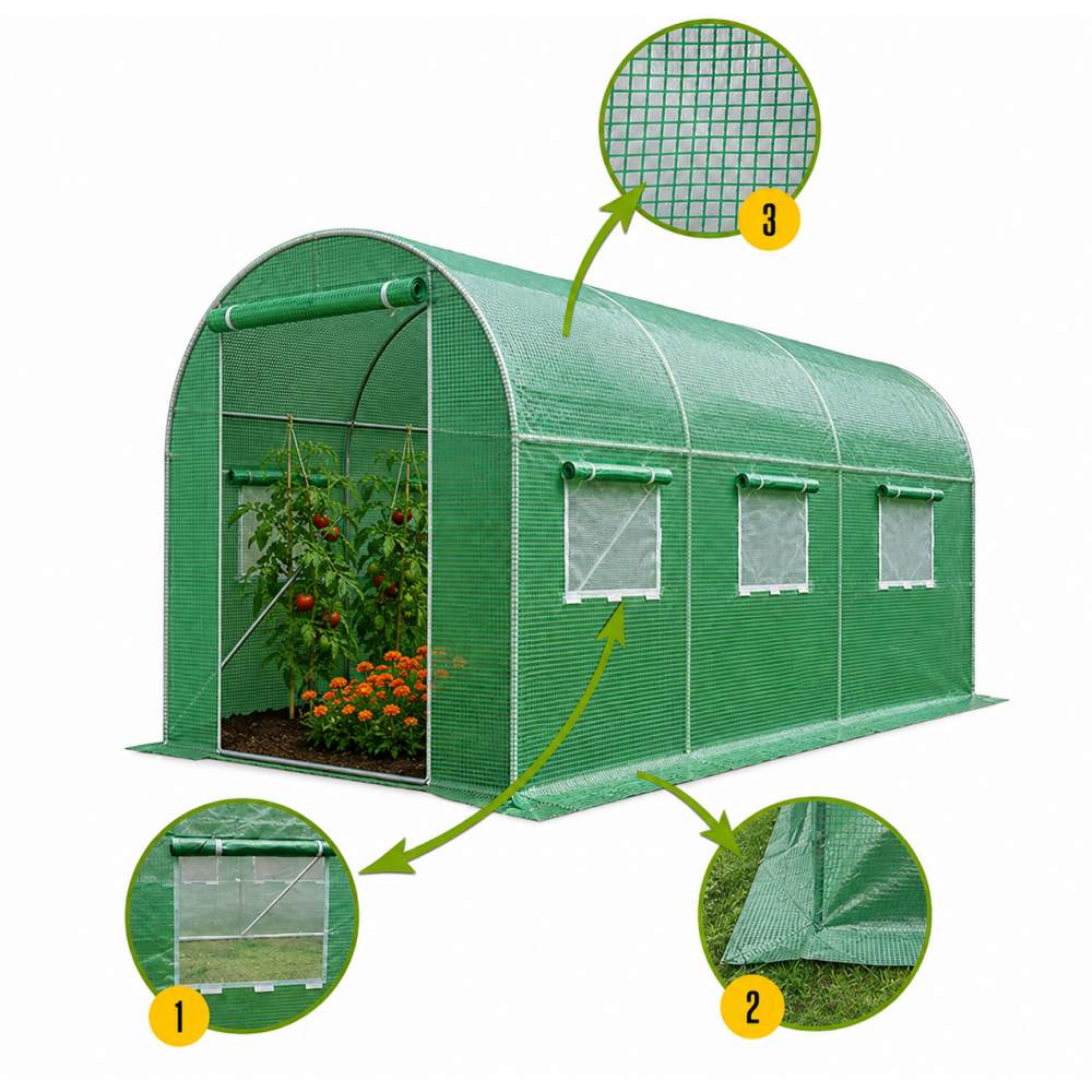 Теплица садовая Primaveo 7 м2 (3,5 × 2 × 2 м) 6 окон, армированная пленка UV-4, оцинкованный каркас 19 мм (Зеленая)