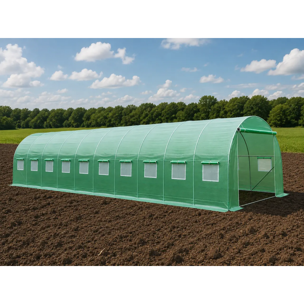 Теплица садовая усиленная Primaveo 36 м2 (12 × 3 × 2 м) 20 окон, армированная пленка UV-4, оцинкованный каркас 25 мм (Зеленая)