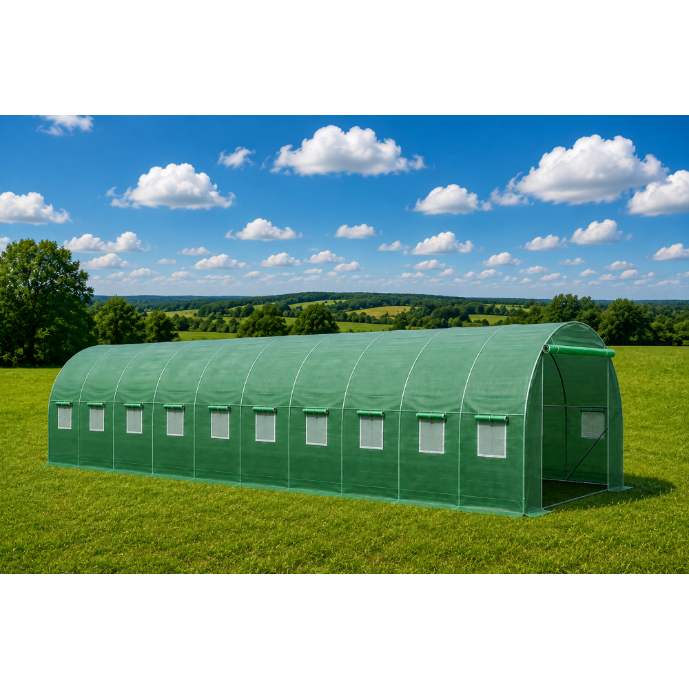 Теплица садовая усиленная Primaveo 36 м2 (12 × 3 × 2 м) 20 окон, армированная пленка UV-4, оцинкованный каркас 25 мм (Зеленая)