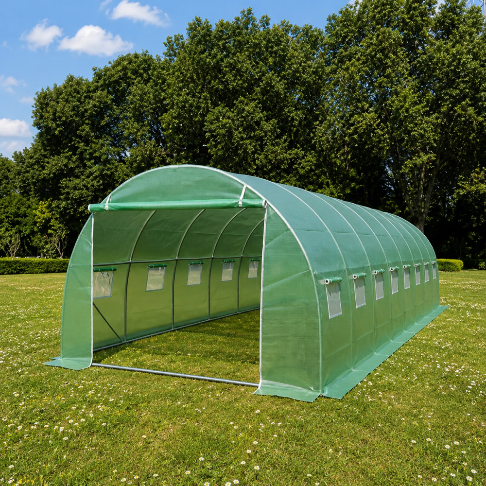 Теплица садовая усиленная Primaveo 40 м2 (10 × 4 × 2 м) 16 окон, армированная пленка UV-4, оцинкованный каркас 25 мм (Зеленая)