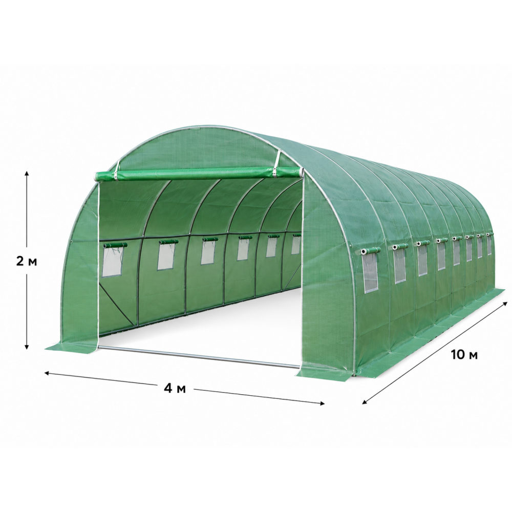 Теплица садовая усиленная Primaveo 40 м2 (10 × 4 × 2 м) 16 окон, армированная пленка UV-4, оцинкованный каркас 25 мм (Зеленая)