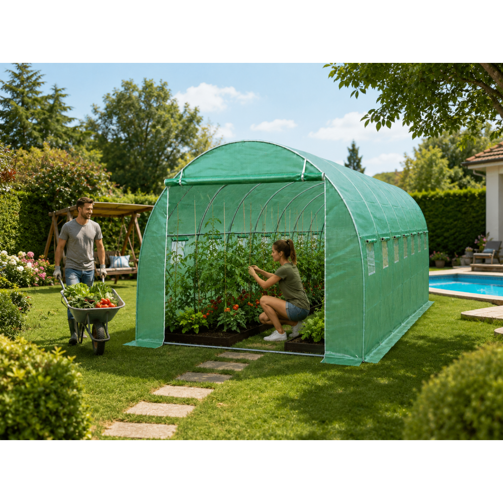 Теплица садовая усиленная Primaveo 40 м2 (10 × 4 × 2 м) 16 окон, армированная пленка UV-4, оцинкованный каркас 25 мм (Зеленая)