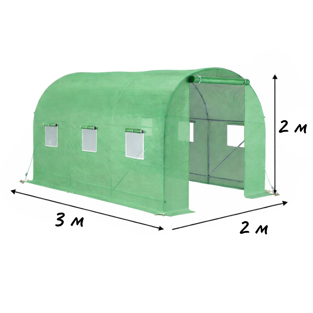 Садовая теплица 6 м2 (3 × 2 × 2 м) с окнами, армированная пленка UV-4, Зеленая (Польша)