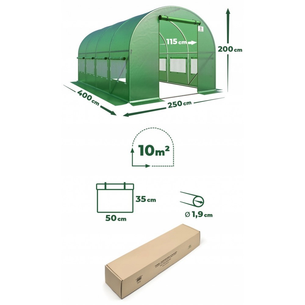 Садовая теплица 10 м² (4 x 2,5 х 2 м) Зеленая (Польша)