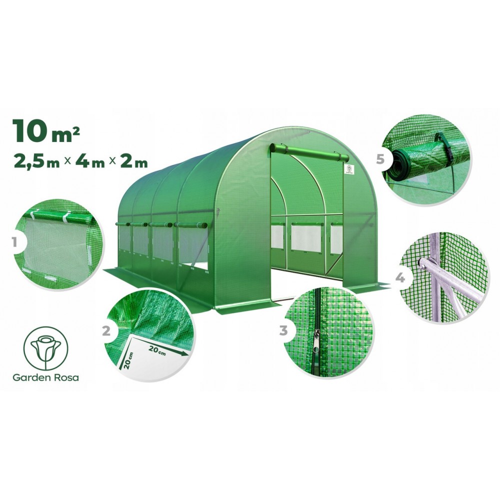 Садовая теплица 10 м² (4 x 2,5 х 2 м) Зеленая (Польша)