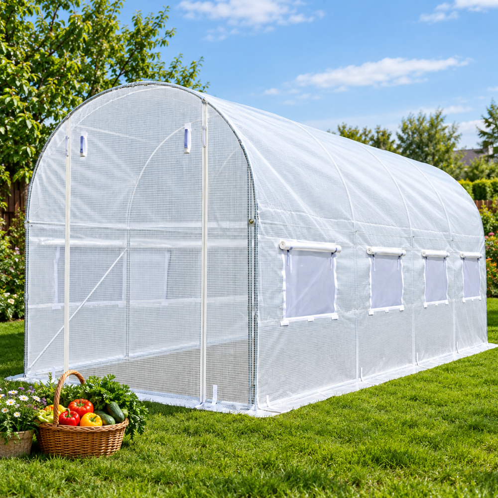 Садовая теплица 9 м2 (4,5 × 2 × 2 м) с армированной пленкой UV-4 с окнами, Белая (Польша)