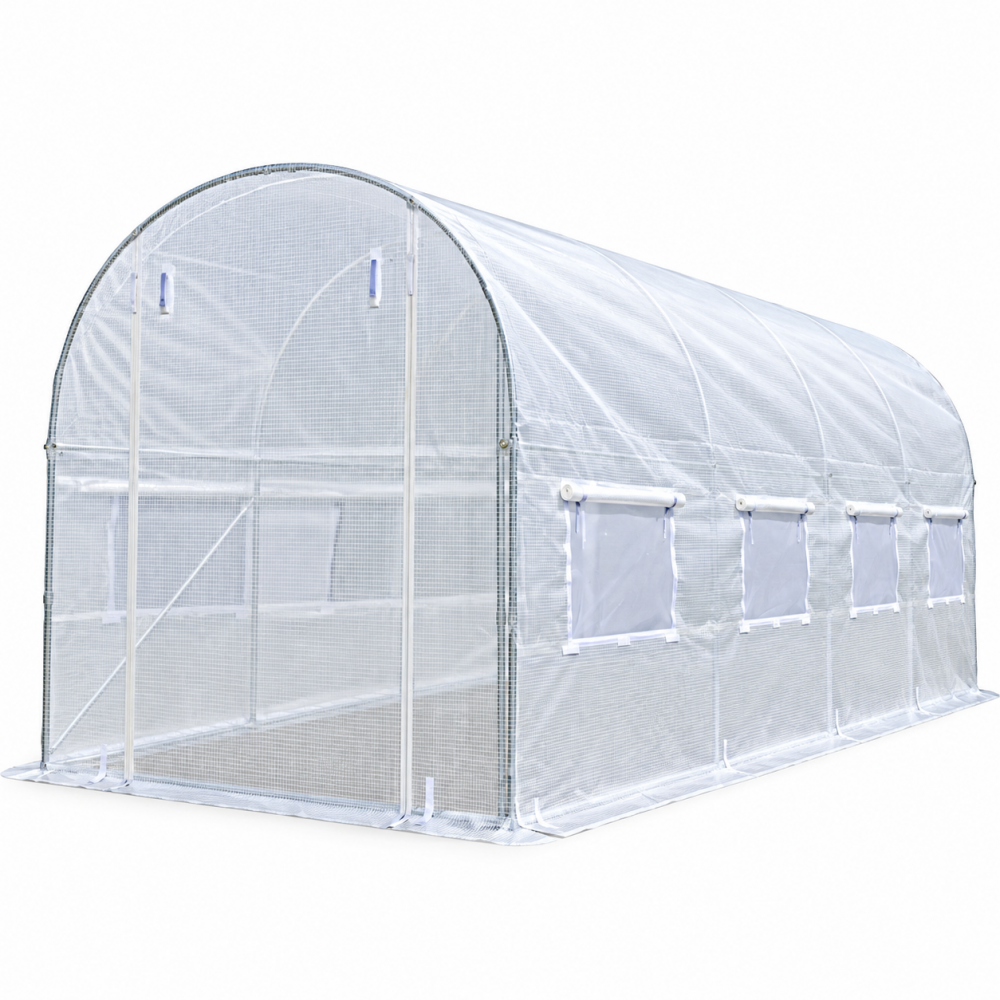 Садовая теплица 9 м2 (4,5 × 2 × 2 м) с армированной пленкой UV-4 с окнами, Белая (Польша)