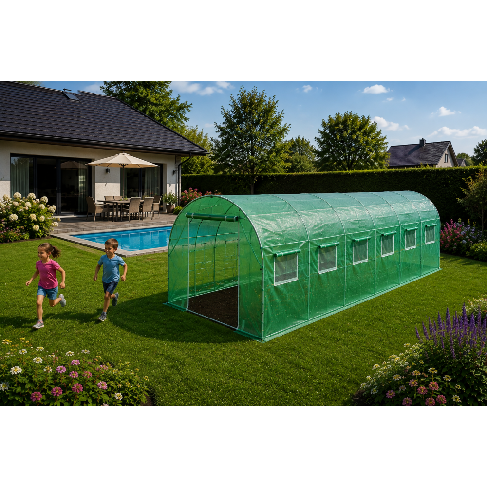 Теплица садовая усиленная Primaveo 18 м2 (6 × 3 × 2 м) 12 окон, армированная пленка UV-4, оцинкованный каркас 24 мм (Зеленая)